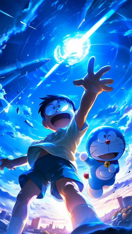 Doraemon và Nobita cười tươi, thể hiện tình bạn thân thiết