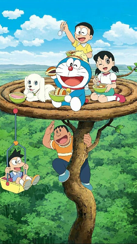 Nobita và Doraemon đang vui vẻ chơi đùa cùng nhau