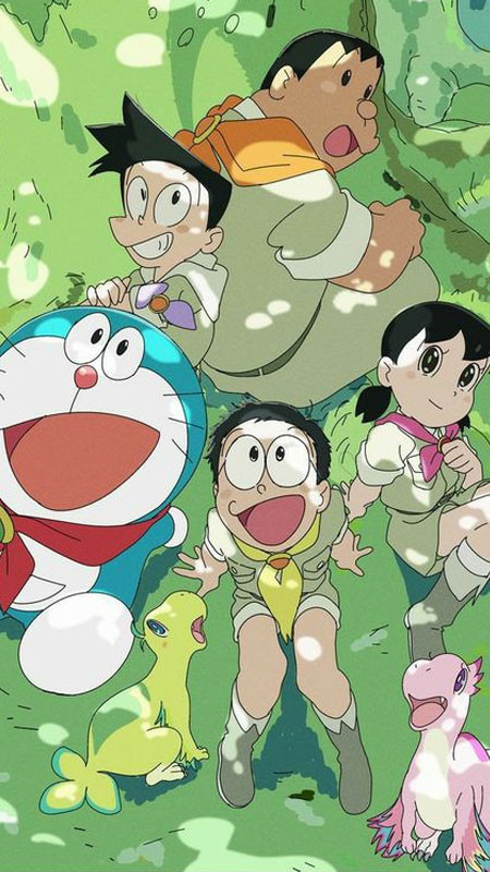 Doraemon và Nobita cùng nhau bay trên chong chóng tre, khám phá thế giới