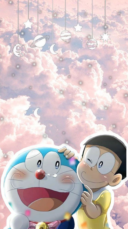 Hình ảnh Doraemon và Nobita đang vui vẻ chạy nhảy trên cánh đồng hoa