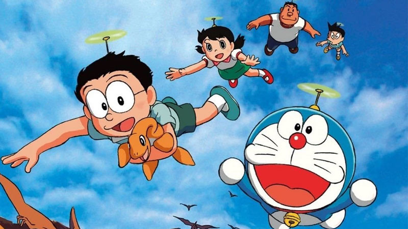 Doraemon cùng nhóm bạn (Nobita, Shizuka, Suneo, Jaian) tươi cười