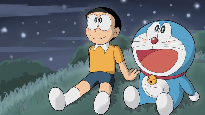 Nhóm bạn Doraemon và Nobita cùng bay trên chong chóng tre
