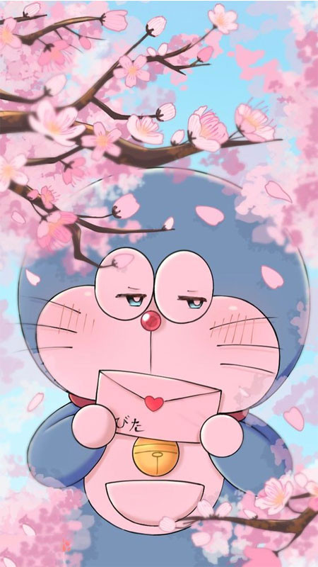 Doraemon đang ôm một chiếc bánh rán khổng lồ trong không gian đầy màu sắc