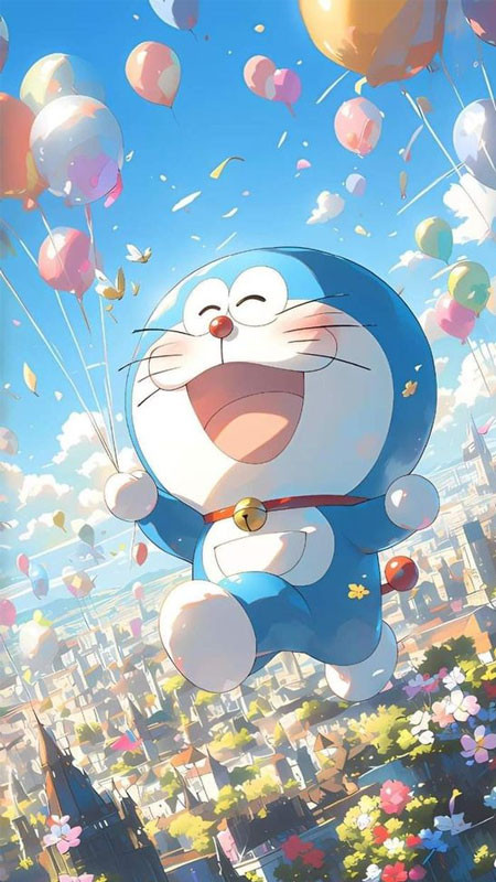 Hình ảnh Doraemon đang bay trên không trung với chong chóng tre