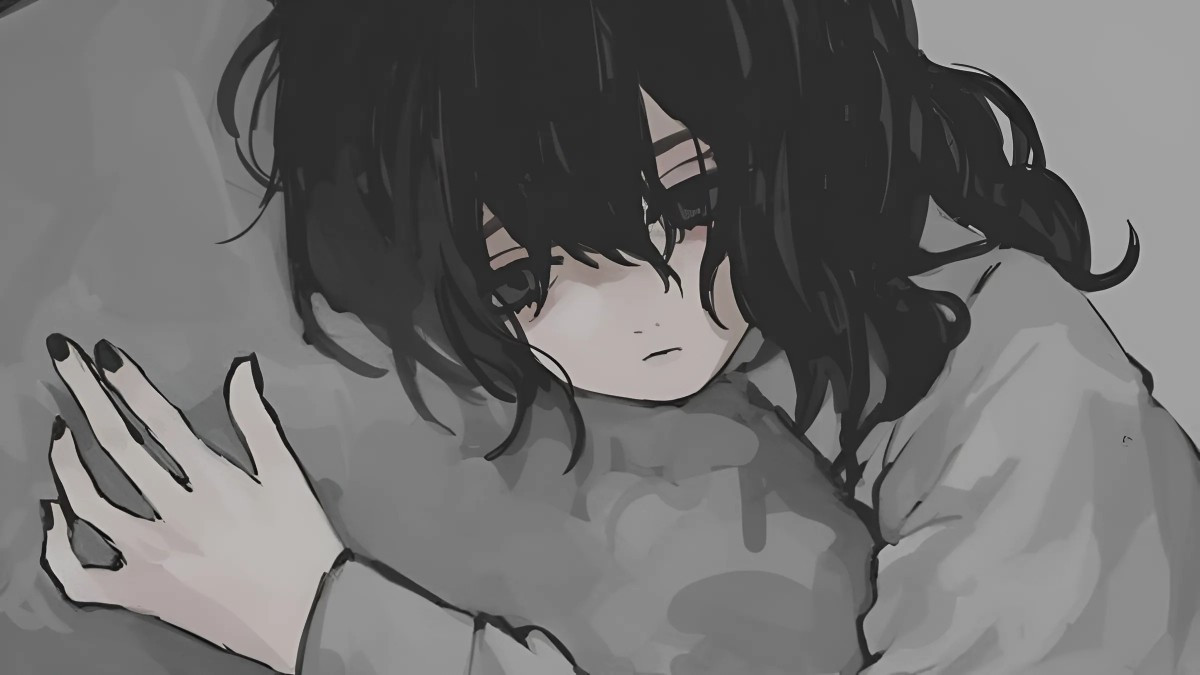 Hình ảnh anime cô đơn màu đen, ánh mắt vô hồn hướng về khoảng không vô định