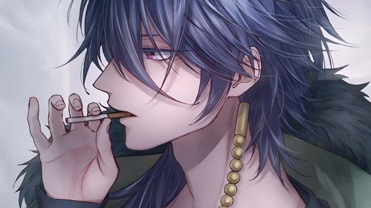 Hình ảnh anime nam buồn hút thuốc trong bóng đêm với ánh mắt lạnh lùng