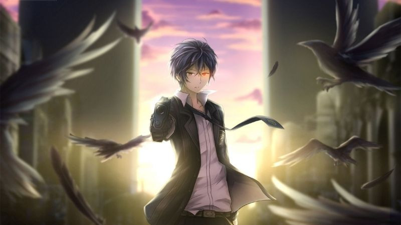 Một chiến binh anime nam với áo choàng đen, tư thế chiến đấu lạnh lùng và ánh mắt sắc bén