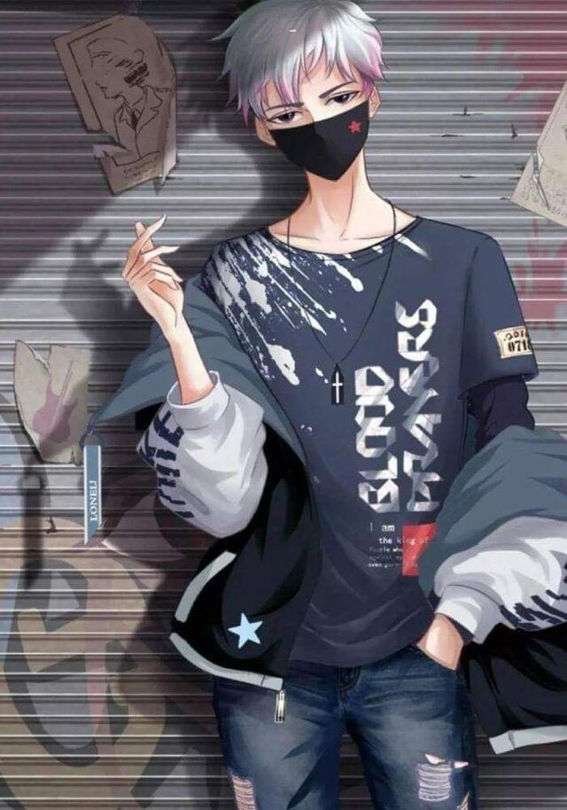 Một nhân vật anime nam với phong cách boy phố ngầu, tóc xanh và trang phục tối màu cá tính