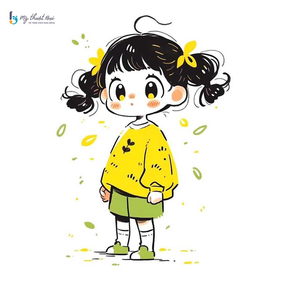 Hình vẽ chibi nữ đang ngồi với đôi mắt to tròn, biểu cảm dễ thương