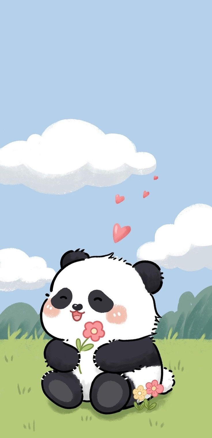 Hình ảnh gấu trúc chibi màu hồng dễ thương, đang cầm một chiếc kẹo mút