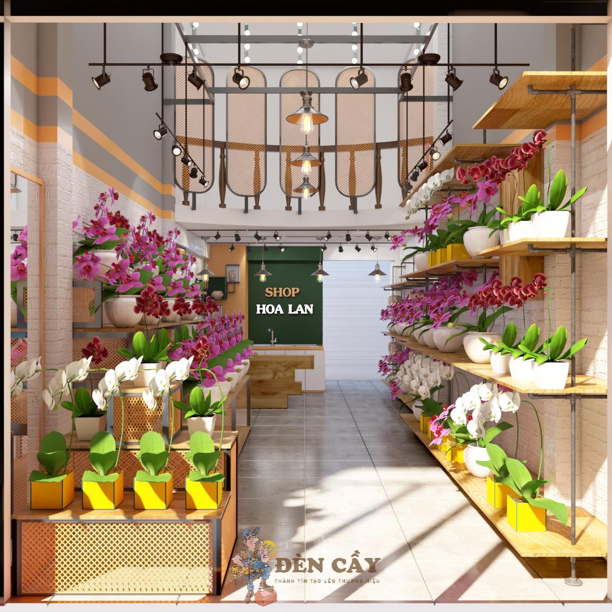 Kệ trưng bày hoa tươi đẹp, thiết kế hiện đại, chất liệu gỗ tự nhiên giúp tôn vinh vẻ đẹp của các loại hoa.