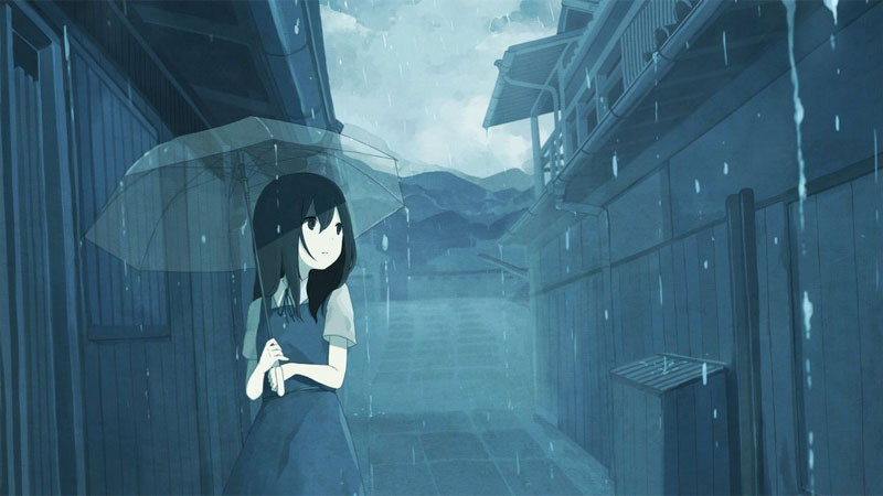 Ảnh anime nữ buồn, cô gái tóc dài đứng một mình trong màn mưa, ánh mắt u sầu.