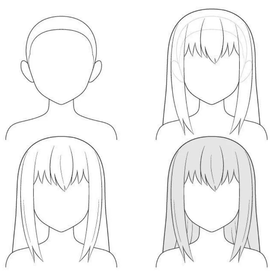Hướng dẫn vẽ từng bước mái tóc anime nữ dài bồng bềnh, từ phác thảo đến chi tiết