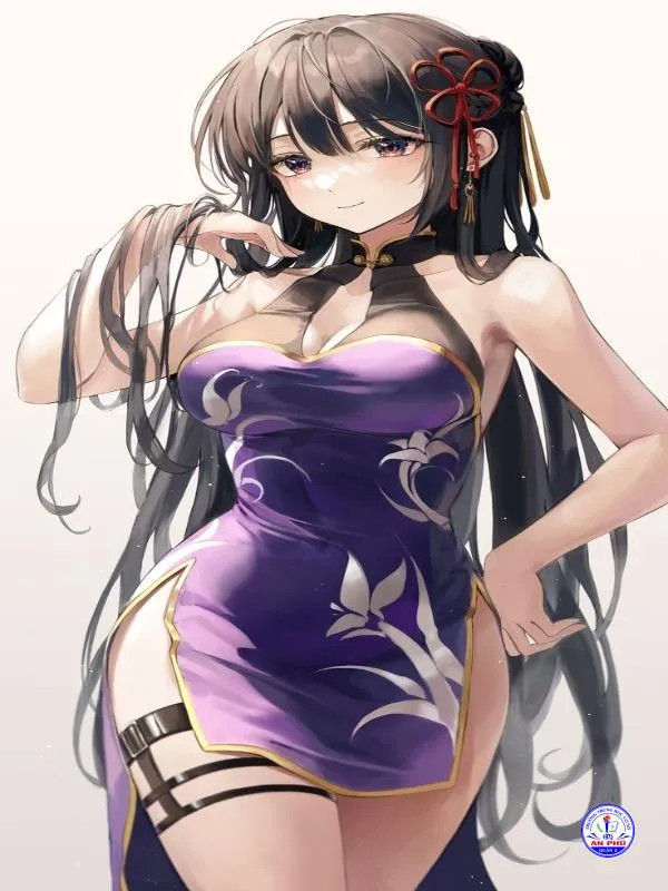 Nàng thơ anime ngực lớn trong trang phục dạ hội lấp lánh, minh họa sự sáng tạo trong thiết kế nhân vật.