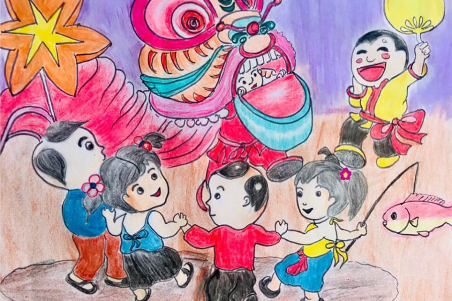 Ánh mắt long lanh, tinh nghịch của chú Lân khiến những đứa trẻ thích thú vui đùa