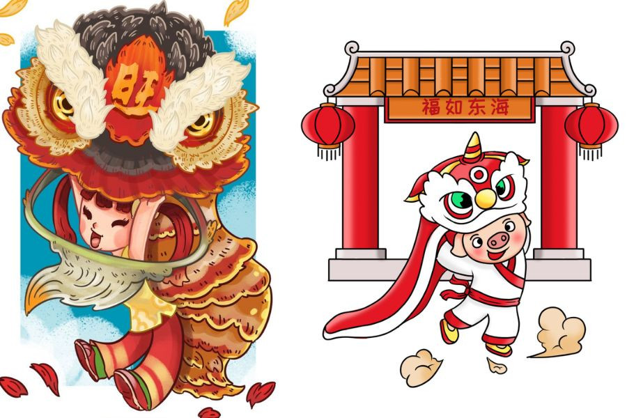 Hình ảnh chú Lân đang vui vẻ đón lễ Trung thu cùng bé
