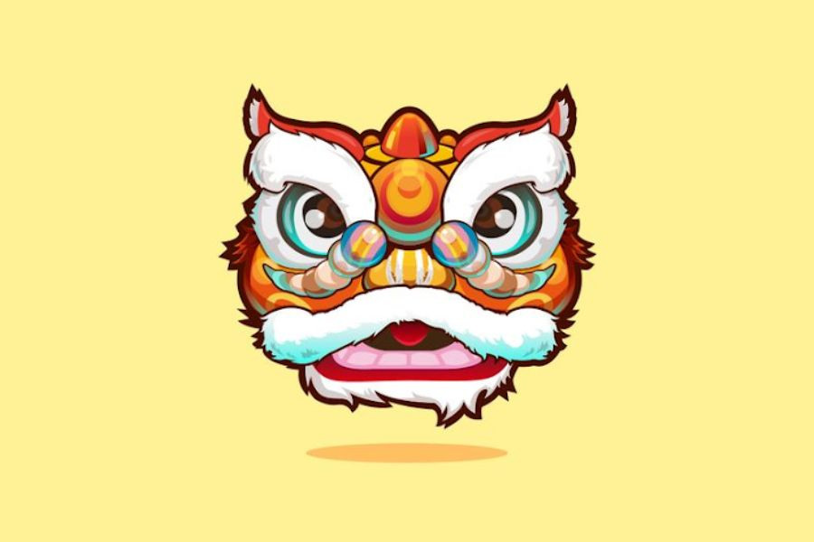 Hình ảnh chú Lân được trang trí màu sắc rực rỡ làm nổi bật lên đôi mắt long lanh