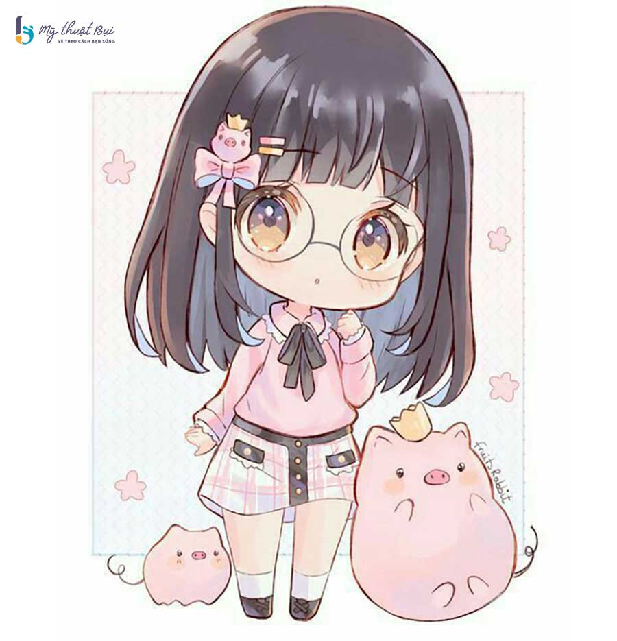 Hình minh họa một cô gái chibi với váy xòe và cài nơ trên tóc