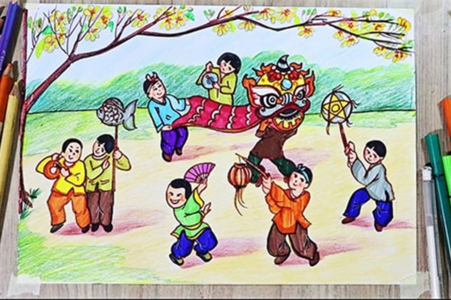 Nét bút mềm mại và uyển chuyển đã tạo nên hình ảnh chú lân sinh động và bắt mắt
