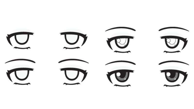Vẽ mắt anime trạng thái mệt mỏi, buồn chán với ánh nhìn gần như ngang