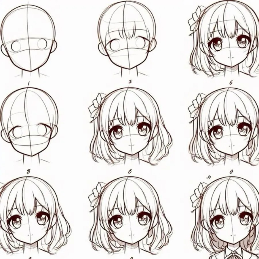 Quy trình phác thảo và hoàn thiện kiểu tóc anime nữ ngắn cá tính, tập trung vào đường nét sắc sảo
